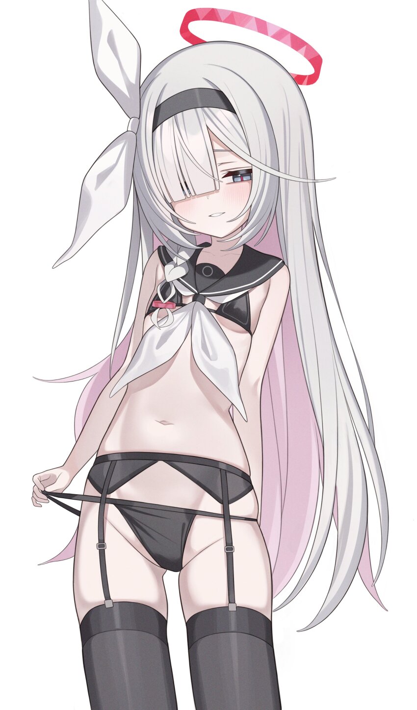 1girl absurdres black_bra black_eyes black_hairband black_panties black_sailor_collar black_thighhighs blue_archive blush bra braid colored_inner_hair cowboy_shot garter_belt garter_straps grin hair_over_one_eye hairband halo highres loli long_hair looking_at_viewer loyo multicolored_hair navel neckerchief panties panty_lift pink_hair plana_(blue_archive) red_halo red_pupils ribbon sailor_collar simple_background single_braid smile standing stomach thighhighs underwear white_background white_hair white_neckerchief white_ribbon