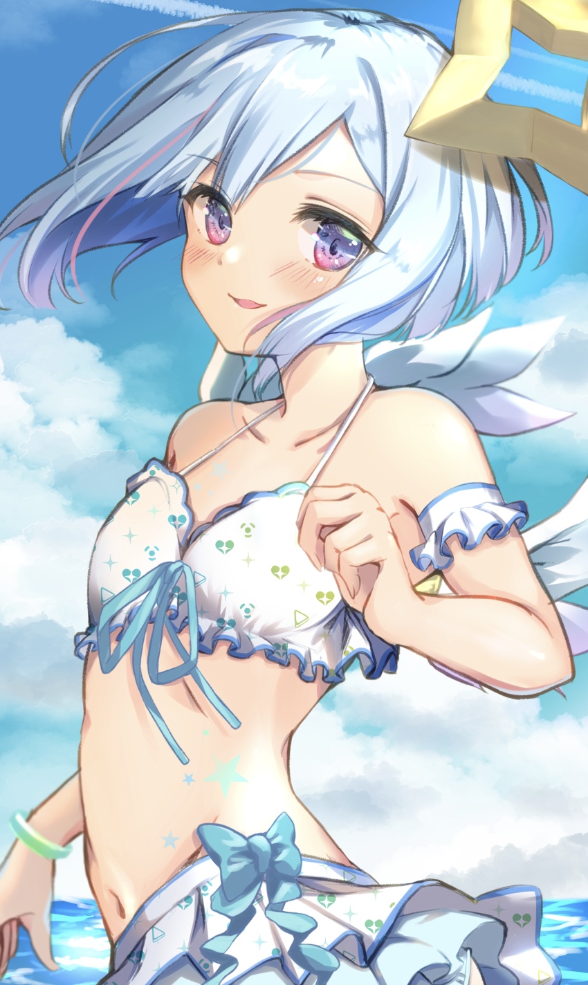 1girl absurdres amane_kanata asymmetrical_bangs bare_shoulders bikini bikini_skirt blue_hair blush bob_cut breasts collarbone colored_inner_hair commentary_request grey_hair hair_between_eyes highres hololive jacket looking_at_viewer medium_hair mini_wings miniskirt multicolored_hair navel open_mouth pleated_skirt purple_eyes single_hair_intake skirt small_breasts solo_focus stomach swimsuit virtual_youtuber white_bikini white_skirt wings yuzuyu000001