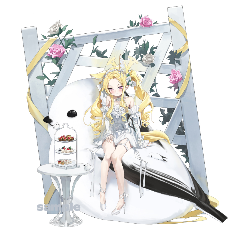 1girl absurdres animal_ears bare_shoulders blonde_hair blue_archive closed_mouth commentary_request dress fox_ears fox_girl halo high_heels highres long_hair long_sleeves looking_at_viewer rosu_1109 sample_watermark seia_(blue_archive) shoes simple_background sitting smile solo very_long_hair watermark white_background white_dress white_shoes