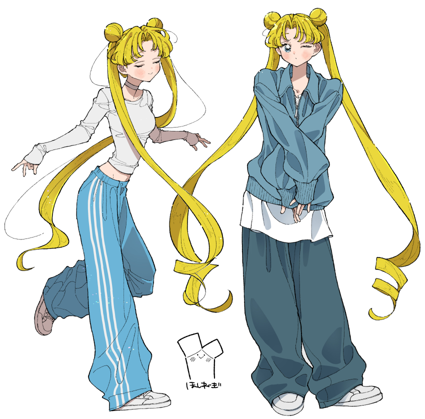 1girl absurdres baggy_pants bishoujo_senshi_sailor_moon blonde_hair blue_eyes blue_pants blue_sweater blush breasts choker closed_eyes collarbone crossed_arms curtained_hair double_bun facing_away facing_viewer hair_bun highres long_hair long_sleeves midriff_peek multiple_views neginoaoitokoro one_eye_closed pants sailor_moon shirt shoes simple_background small_breasts sneakers sweater sweatpants tsukino_usagi twintails very_long_hair white_background white_shirt white_shoes