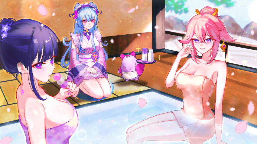 3girls absurdres alternate_hairstyle animal_ears blue_hair breasts cleavage closed_mouth commentary dango detached_sleeves earrings falling_petals food fox_ears genshin_impact hair_between_eyes hand_up highres holding holding_food japanese_clothes jewelry kimono large_breasts long_hair long_sleeves looking_to_the_side mitsudomoe_(shape) multiple_girls naked_towel obi onsen own_hands_together parted_lips petals pink_hair pink_kimono pink_sleeves purple_eyes purple_hair raiden_shogun sanshoku_dango sash seiza sitting sleeveless sleeveless_kimono smile ssamsa0404 tomoe_(symbol) towel very_long_hair wagashi yae_miko yumemizuki_mizuki