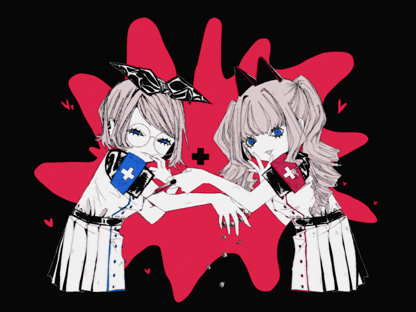 2girls :3 akaname_(akaname_404) armband black_background blue_eyes bow commentary_request cowboy_shot cropped_legs dress drill_hair dropping from_side glasses hair_bow hand_to_own_mouth heart highres holding holding_syringe kagamine_rin long_hair looking_at_viewer looking_to_the_side multiple_girls narrowed_eyes nurse open_mouth partially_submerged round_eyewear seeu short_hair smile syringe thumbtack triangle_mouth vocaloid white_dress