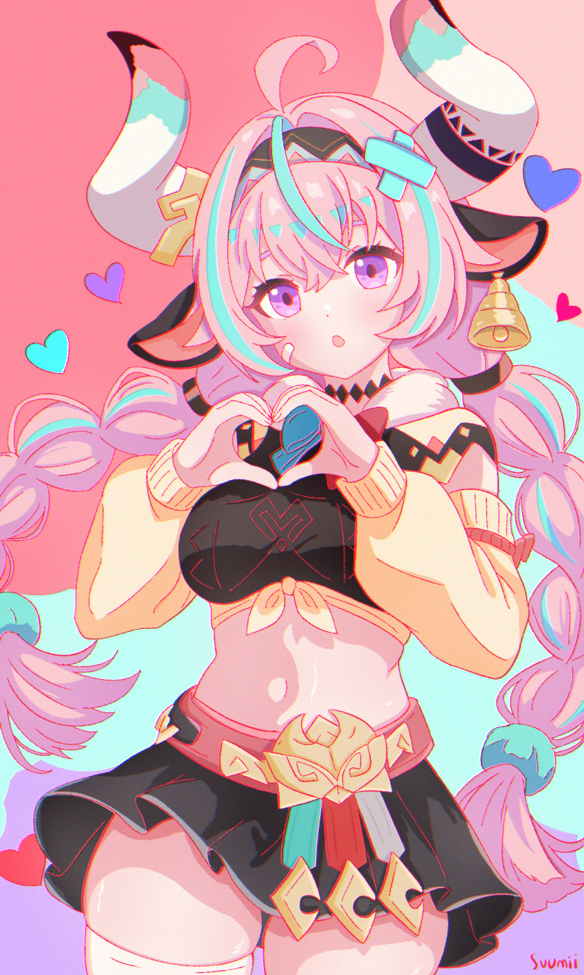 1girl :o ahoge animal_ears artist_name bandana belt black_bandana black_bra black_skirt blue_hair blush bra breasts chromatic_aberration commentary cow_ears cow_horns cowboy_shot crossed_bangs detached_sleeves genshin_impact hair_intakes heart heart_hands highres horns jingle_bell_earrings looking_at_viewer medium_breasts microskirt multicolored_hair navel pink_background pink_eyes pink_hair red_belt skindentation skirt solo standing stomach suumii thighhighs two-tone_hair underwear varesa_(genshin_impact) white_thighhighs yellow_sleeves zettai_ryouiki