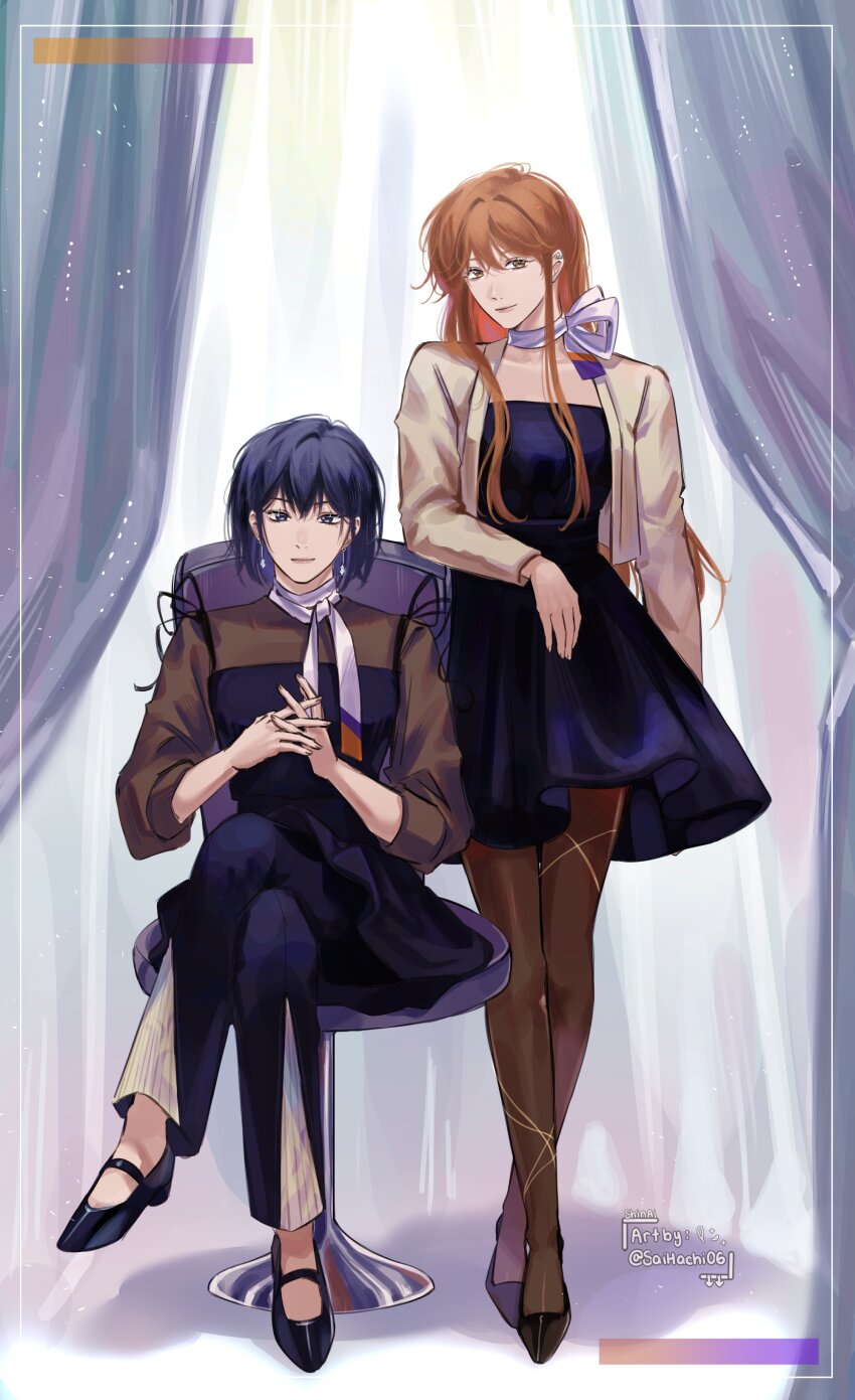 2girls absurdres black_dress black_hair brown_hair chair collar commentary crossed_legs curtains dress earrings elbow_rest english_commentary full_body han_sooyoung high_heels highres interlocked_fingers jacket jewelry long_hair long_sidelocks looking_at_viewer multiple_girls omniscient_reader&#039;s_viewpoint saihachi06 scarf short_hair sidelocks sitting smile standing yellow_jacket yoo_sangah