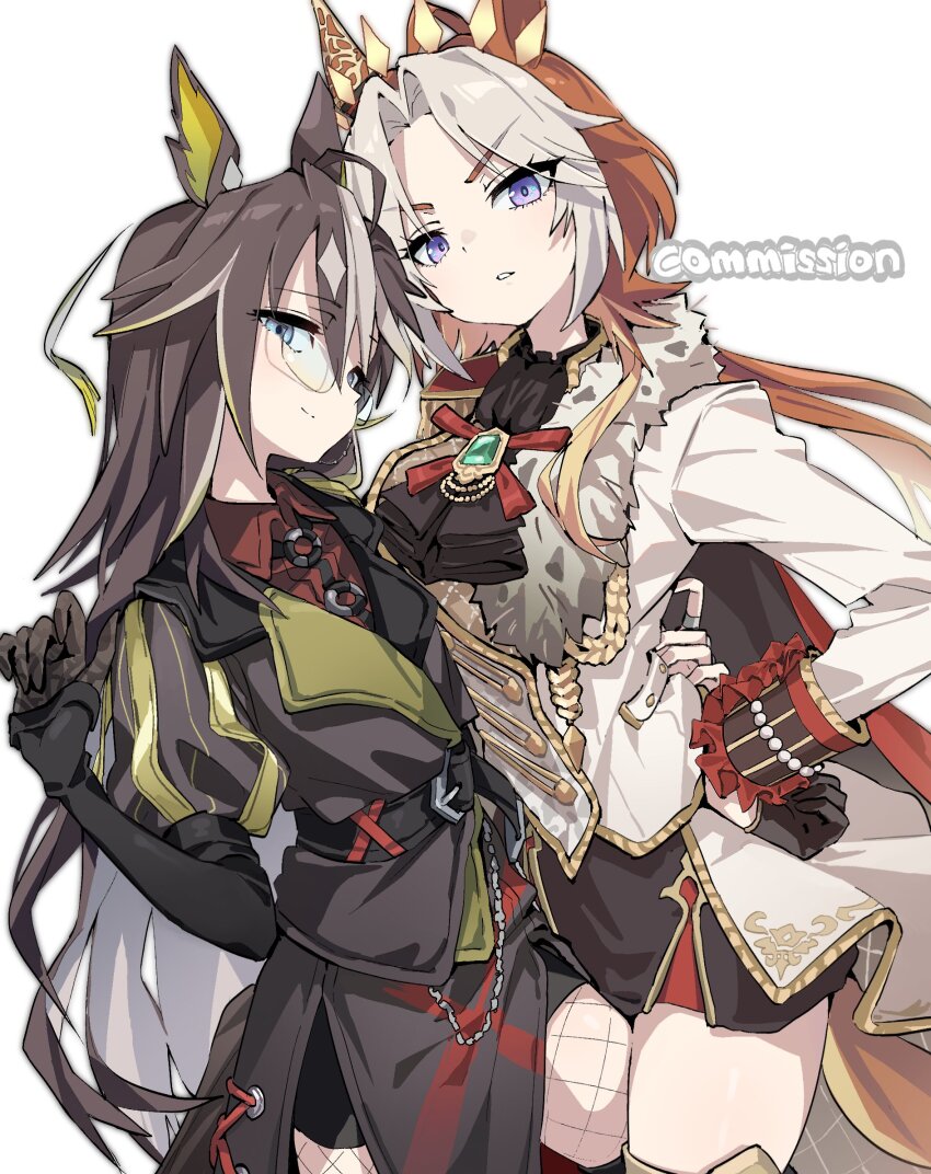 2girls ahoge animal_ears ascot black_ascot black_gloves black_jacket black_shorts black_thighhighs blue_eyes brown_hair closed_mouth coat collared_shirt dream_journey_(reminder_of_dreamland)_(umamusume) dream_journey_(umamusume) ear_covers fishnet_pantyhose fishnets gem glasses gloves green_gem hair_between_eyes highres horse_ears horse_girl horse_tail jacket long_hair long_sleeves looking_at_viewer multicolored_hair multiple_girls orange_hair orfevre_(control)_(umamusume) orfevre_(umamusume) pantyhose parted_lips puffy_sleeves red_shirt shirt shorts simple_background single_ear_cover skirt smile tail thighhighs two-tone_hair umamusume wadasada white_background white_coat white_hair