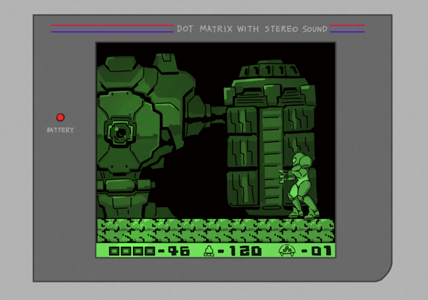 1girl arm_cannon armor commentary_request diggernaut fake_screenshot full_armor game_boy game_boy_(original) handheld_game_console metroid metroid:_samus_returns metroid_(creature) metroid_2:_return_of_samus monochrome nintendo power_suit_(metroid) robot samus_aran wakaba_(wata_ridley) weapon