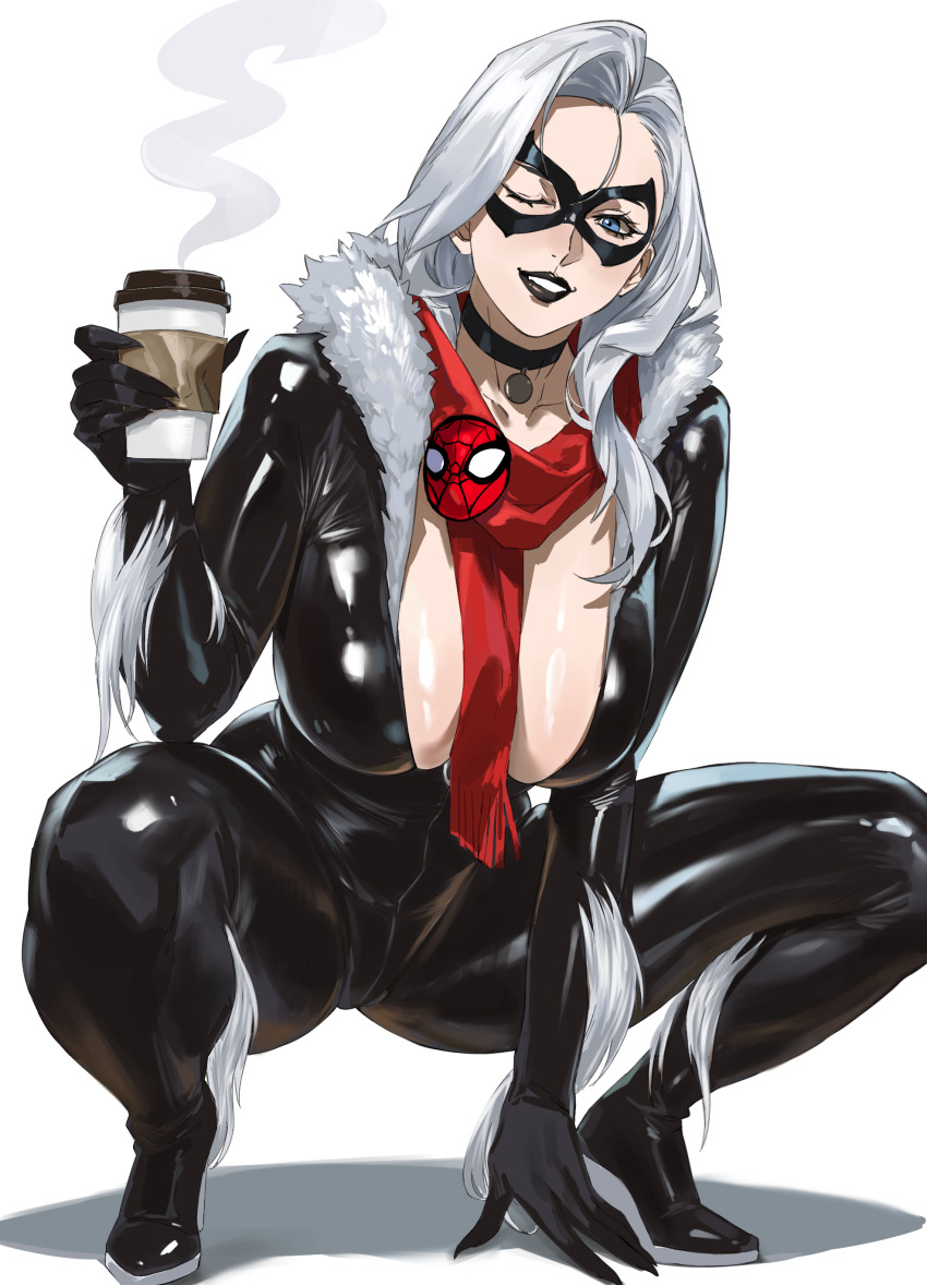 1girl absurdres black_bodysuit black_cat_(marvel) black_collar black_mask blue_eyes bodysuit breasts cleavage collar commentary cup english_commentary eye_mask eyelashes full_body grey_hair highres holding holding_cup large_breasts long_hair marvel mask red_scarf scarf simple_background solo spider-man spider-man_(series) taiyang_yu white_background