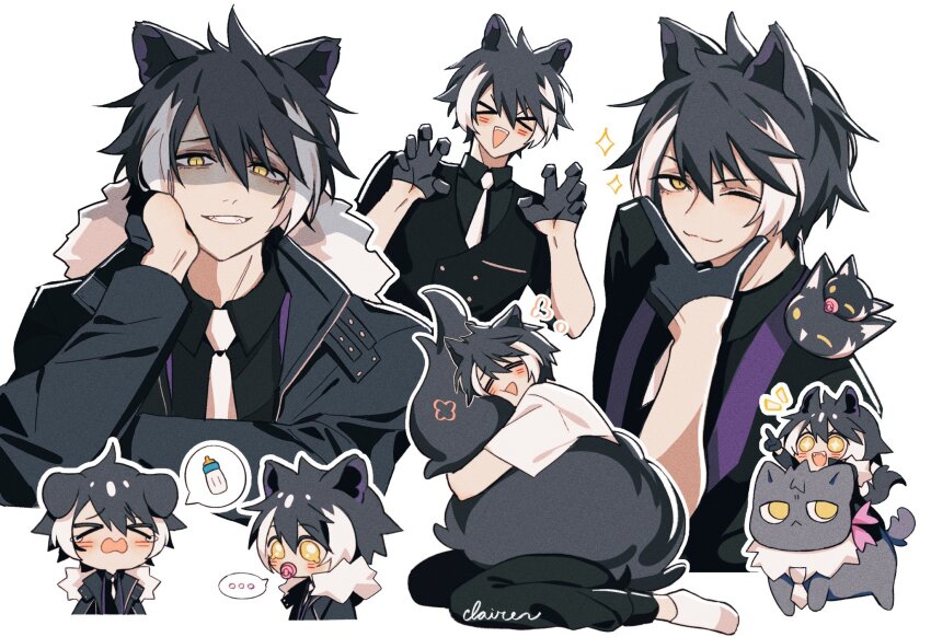 >_< ... 1boy :d ;3 =_= animal animal_ears animal_on_shoulder arm_up baby_bottle black_cat black_coat black_gloves black_hair black_pants black_shirt black_vest blush bottle buttons cat chibi chibi_inset claireiosity claw_pose closed_mouth coat commentary crying double-breasted ears_down english_commentary evil_grin evil_smile flower_symbol full_body fur-trimmed_coat fur_trim gloves grey_cat grin hair_between_eyes half_gloves head_rest highres holostars hugging_own_tail hugging_tail jackal_boy jackal_ears jackal_tail kageyama_shien kageyama_shien_(1st_costume) koyama_(kageyama_shien) l_hand long_sleeves looking_at_viewer male_focus multicolored_hair multiple_views nakayama_(kageyama_shien) necktie nekoyama_shien one_eye_closed open_clothes open_coat open_mouth outline pacifier pants pointing riding shaded_face shirt short_hair simple_background sitting sleeves_rolled_up slit_pupils smile socks sparkle spoken_ellipsis spoken_food stole t-shirt tail two-tone_hair vest virtual_youtuber wariza white_background white_hair white_necktie white_outline white_shirt white_socks yellow_eyes
