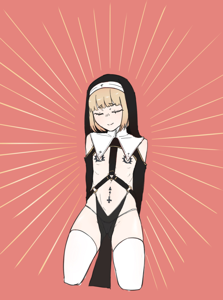 1girl bare_shoulders bdsm blonde_hair blunt_bangs closed_eyes closed_mouth cross_piercing flat_chest harness highres loli navel_piercing nipple_piercing nipple_rings no_bra nun original pelvic_curtain piercing post_(shake_shakepost) red_background revealing_clothes see-through_clothes see-through_pelvic_curtain short_hair slave solo split_mouth thighhighs thong white_thighhighs