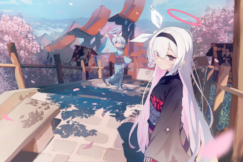 2girls alternate_costume arona_(blue_archive) black_hairband black_kimono blue_archive blue_halo blue_kimono blue_sash blush bow cherry_blossoms chun_jiang closed_mouth colored_inner_hair floral_print floral_print_kimono grey_eyes hair_over_one_eye hair_ribbon hairband halo highres japanese_clothes kimono long_hair multicolored_hair multiple_girls multiple_torii obi pink_bow pink_hair pink_halo plana_(blue_archive) print_kimono red_bow ribbon sandals sash short_hair socks stairs tabi torii two-tone_hair white_hairband white_ribbon white_sash white_socks