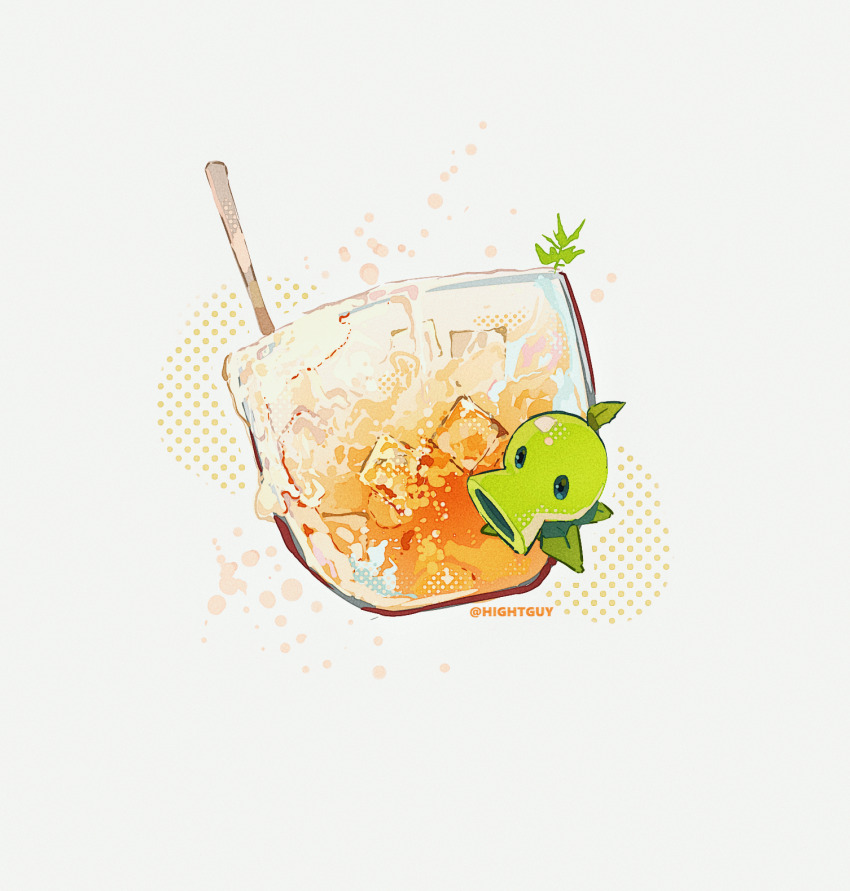 artist_name black_eyes chinese_commentary commentary_request cup drink film_grain from_above glass grey_background halftone halftone_background highres hightguy ice ice_cube leaf mint_leaf no_humans peashooter_(plants_vs._zombies) plant plant_focus plants_vs._zombies simple_background solid_oval_eyes solo spoon