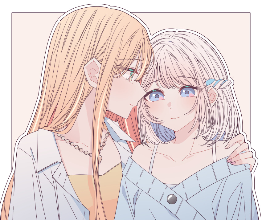 2girls absurdres blue_eyes blue_ribbon blue_sweater border braid camisole closed_mouth commentary_request gakuen_idolmaster green_eyes hair_ribbon half_up_braid hand_on_another's_shoulder highres idolmaster jewelry katsuragi_lilja kousaka_0v0 long_hair mole mole_under_eye multiple_girls necklace orange_hair outline ribbon ribbon_braid shirt shiun_sumika smile sweater white_border white_hair white_outline white_shirt yellow_camisole yuri