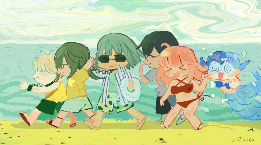 >_< 2girls 4boys ^^^ ahoge animal_collar anklet arms_behind_back arms_behind_head bare_arms bare_shoulders bikini black_hair black_pants blue_bikini blue_hair blue_tail blush_stickers breasts brown_sandals chain chain_leash character_request chibi cleavage closed_mouth collar collared_shirt copyright_request criss-cross_halter cuffs dated day fins fish_tail flip-flops from_side frown glasses green_hair green_male_swimwear green_tank_top grey_shirt hair_ornament hairclip halterneck height_difference high_collar highres holding holding_leash jewelry leaf_print leash loafers male_swimwear medium_hair mermaid monster_girl multiple_boys multiple_girls nengo ocean opaque_glasses open_clothes open_shirt orange_sandals outdoors pants pointy_nose ponytail print_male_swimwear red_bikini round_eyewear sandals shackles shadow shell shell_bikini shirt shoes shore short_male short_ponytail short_sleeves sleeveless sleeveless_shirt splashing striped_clothes striped_shirt sunglasses swimsuit t-shirt tail tank_top toes vertical-striped_clothes vertical-striped_shirt walking water_drop white_hair white_sandals white_shirt white_shoes yellow_shirt