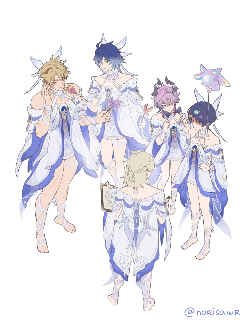 5boys :q absurdres albedo_(genshin_impact) balloon bare_shoulders barefoot black_hair blonde_hair blue_hair braid candy closed_eyes closed_mouth columbina_(genshin_impact) columbina_(genshin_impact)_(cosplay) commentary cosplay crossdressing crossdressing_(mtf) dragon_horns drawing_(object) dress durin_(genshin_impact) english_commentary facial_scar flins_(genshin_impact) food full_body genshin_impact hairband head_wings height_difference highres holding holding_candy holding_food holding_hairband holding_lollipop horns legs_apart light_smile lollipop long_hair looking_at_another male_focus medium_hair multiple_boys multiple_scars narisawr off-shoulder_dress off_shoulder parted_lips partially_shaded_face purple_hair red_eyes scar scar_on_arm scar_on_cheek scar_on_chest scar_on_face scar_on_leg scar_on_neck scar_on_shoulder scaramouche_(genshin_impact) scars_all_over short_hair simple_background standing sticker string toes tongue tongue_out too_many unworn_fake_animal_ears unworn_hairband varka_(genshin_impact) veins veiny_hands white_background wings