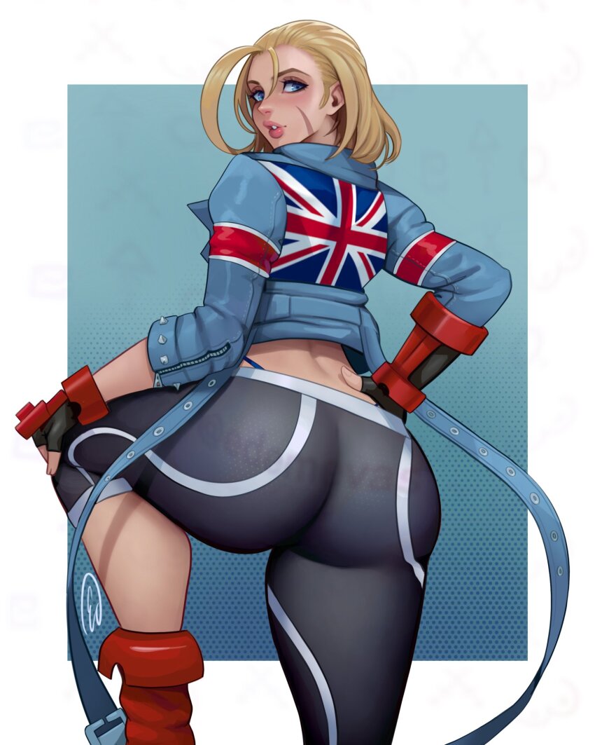 1girl artist_name ass black_gloves black_pants blue_eyes blue_jacket cammy_white commentary ed_(edemevas) english_commentary facial_scar fingerless_gloves flag_print gloves highres jacket looking_back pants print_jacket scar scar_on_cheek scar_on_face shirt solo street_fighter street_fighter_6 union_jack union_jack_print watermark white_shirt