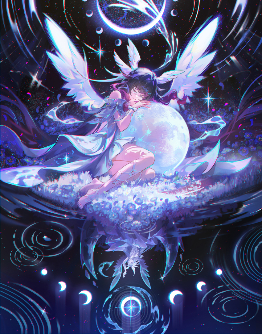 1girl arm_ribbon barefoot black_hair bow columbina_(genshin_impact) commentary crescent_moon dress eye_mask feathered_wings flower full_moon genshin_impact hair_ornament hair_ribbon head_ornament highres jessica_wijaya leg_ribbon long_hair mask moon multicolored_hair pink_hair ribbon see-through_clothes see-through_mask solo sparkle two-tone_hair very_long_hair white_bow white_dress white_ribbon wing_hair_ornament wings
