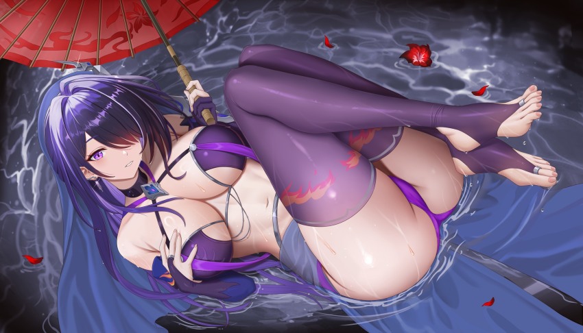 1girl acheron_(honkai:_star_rail) bare_shoulders blush breasts bridal_gauntlets chinese_commentary commentary_request dawn02 full_body hair_over_one_eye highres holding honkai:_star_rail honkai_(series) large_breasts long_hair looking_at_viewer lying navel oil-paper_umbrella on_back one_eye_covered parted_lips petals purple_eyes purple_hair purple_thighhighs second-party_source solo thighhighs thighs toes umbrella water