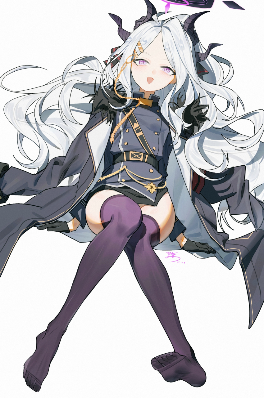 1girl :d absurdres ahoge belt black_gloves black_skirt blue_archive blush chinese_commentary coat coat_on_shoulders commentary dated dorsiflexion floating_hair forehead full_body fur-trimmed_coat fur_trim gloves grey_coat grey_jacket groin half_gloves halo highres hina_(blue_archive) horns invisible_chair jacket long_hair looking_at_viewer military_jacket miniskirt no_shoes open_mouth parted_bangs petite plantar_flexion purple_eyes purple_thighhighs signature simple_background sitting skirt slit_pupils smile solo thighhighs very_long_hair white_background white_hair yisjhui
