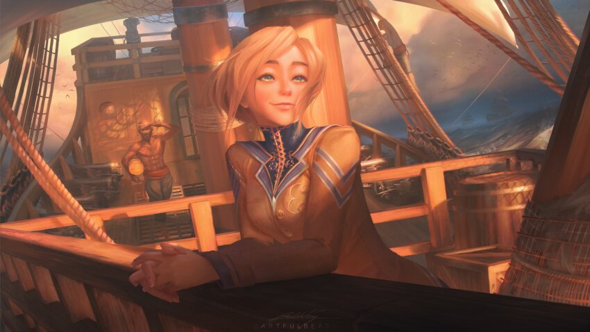 1boy 1girl abs artist_name bald beard bird black_pants blonde_hair brown_jacket closed_mouth cloud cloudy_sky commentary commission dark-skinned_male dark_skin english_commentary eyelashes facial_hair full_body green_eyes hand_to_forehead highres holding jacket lips long_hair looking_to_the_side nose ocean original outdoors own_hands_together pants paul_nong ship short_hair signature sky smile solo_focus toned toned_male too_many too_many_birds topless_male upper_body watercraft