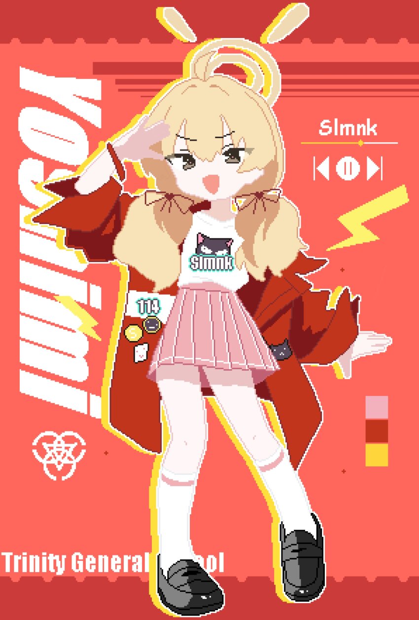 1girl :d absurdres ahoge arm_up black_shoes blonde_hair blue_archive brown_eyes character_name double-parted_bangs full_body halo hashtag-only_commentary highres jacket long_hair looking_at_viewer low_twintails miniskirt official_alternate_costume open_clothes open_jacket open_mouth pink_skirt pixel_art pleated_skirt progress_bar red_background red_jacket shirt shoes skirt slmnk10124 smile socks solo twintails white_shirt white_socks yellow_halo yoshimi_(band)_(blue_archive) yoshimi_(blue_archive)