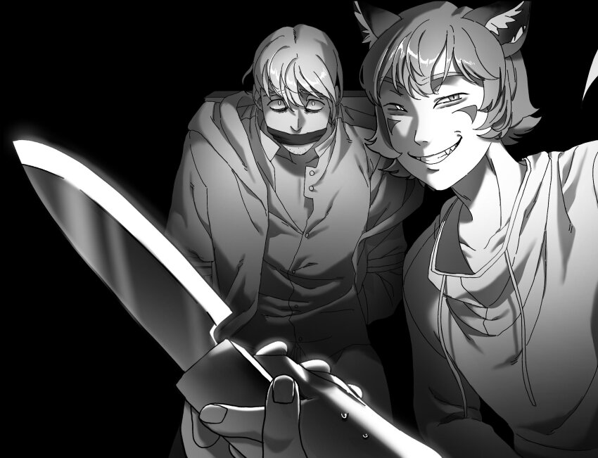 2boys animal_ears arms_behind_back bound bound_wrists boyfriend_to_death collared_shirt commentary constricted_pupils cowboy_shot english_commentary facial_mark fox_ears furry furry_male gag gagged greyscale grin highres hood hood_down hoodie improvised_gag jacket lawrence_oleander looking_at_viewer monochrome multiple_boys pov pov_hands ren_hana_(boyfriend_to_death) shirt short_hair sidelighting smile soureeeee sweatdrop tape tape_gag wide-eyed