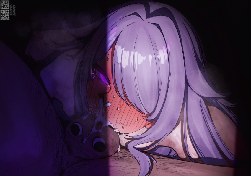 1boy 1girl bar_censor blush censored commentary cum cum_in_mouth cum_in_nose cum_overflow duplicate english_commentary fellatio full-face_blush gem hair_flaps hair_over_one_eye hetero highres hololive hololive_english jewel_under_eye koseki_bijou mr_thecatman nude oral paid_reward_available penis purple_eyes purple_gem purple_hair sidelocks solo_focus stray_pubic_hair sweat swept_bangs testicles virtual_youtuber