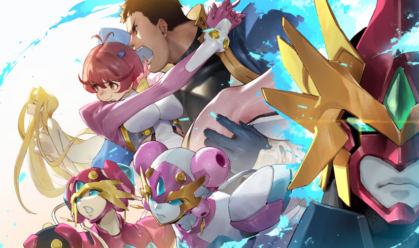 2boys 4girls antenna_hair aoi_anna armor arms_around_neck black_bodysuit blonde_hair blue_bodysuit blue_eyes blue_fire blue_gem bodysuit brown_hair carrying carrying_person closed_eyes commentary_request completely_nude couple expressionless fire flaming_head flipped_hair forehead_jewel from_side gem go_okusaer godannar green_eyes green_gem hair_ornament highres impossible_clothes impossible_leotard leotard long_hair mecha mecha_focus mecha_pilot_suit melonplus mira_ackerman multicolored_armor multicolored_bodysuit multicolored_leotard multiple_boys multiple_girls muscular muscular_male neo_okusaer nude open_mouth parted_lips pink_armor pink_leotard portrait princess_carry profile red_armor red_hair robot robot_girl robotomy saruwatari_goo shinkon_gattai_godannar!! short_hair shouting super_robot two-tone_leotard v-shaped_eyebrows very_long_hair very_short_hair white_armor wolf_cut