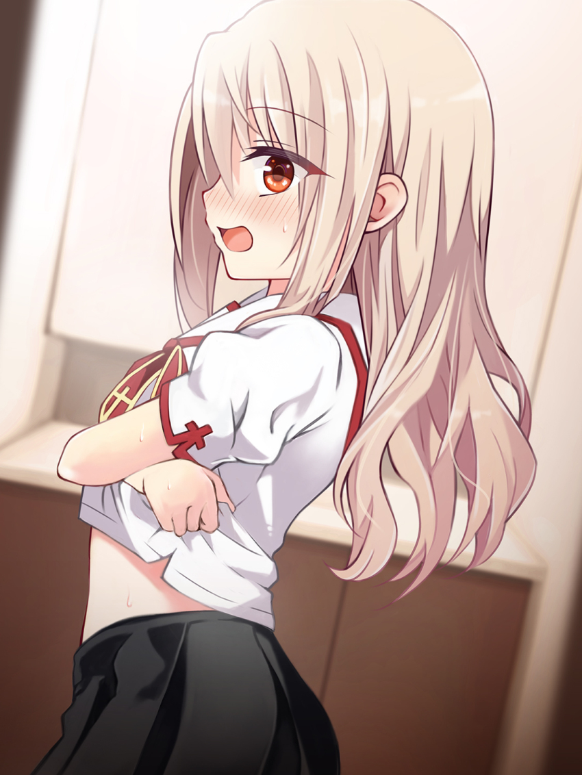 1girl black_skirt blush breasts collared_shirt commentary_request fate/kaleid_liner_prisma_illya fate_(series) highres homurabara_academy_elementary_school_uniform illyasviel_von_einzbern long_hair looking_at_viewer mochi_(k620803n) neck_ribbon open_mouth puffy_short_sleeves puffy_sleeves red_eyes red_ribbon revision ribbon sailor_collar school_uniform shirt short_sleeves sidelocks skirt small_breasts solo white_hair white_sailor_collar white_shirt