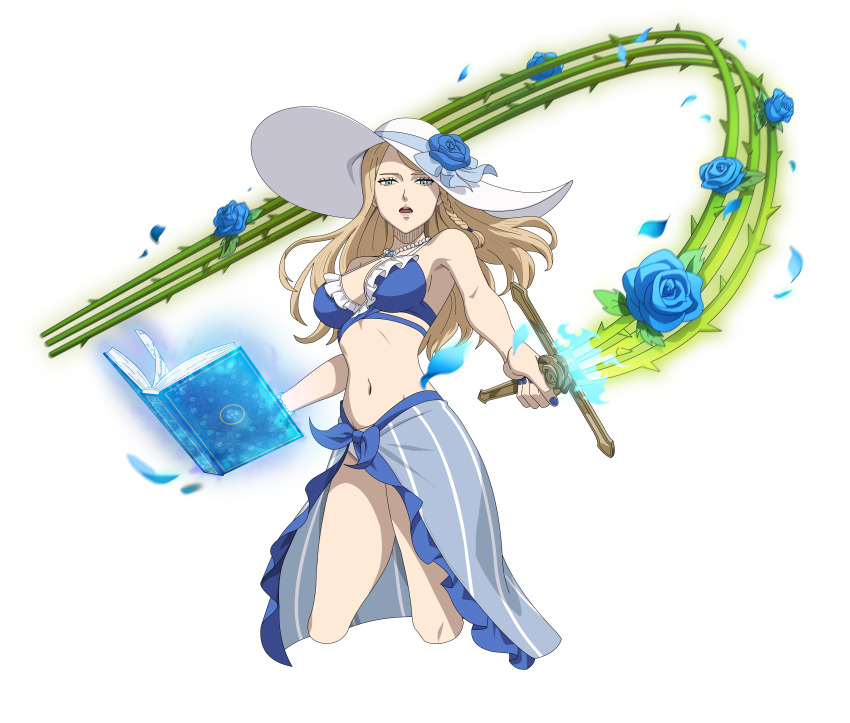 1girl absurdres bikini black_clover black_clover_m:_rise_of_the_wizard_king blonde_hair blue_bikini blue_eyes blue_flower blue_nails blue_petals blue_rose blue_sarong book breasts charlotte_roselei criss-cross_halter flower grimoire halterneck hat hat_flower highres holding holding_sword holding_weapon jewelry large_breasts long_hair looking_at_viewer magic nail_polish navel necklace non-web_source official_alternate_costume official_art open_book open_mouth pearl_necklace petals plant rose rose_petals sarong simple_background solo sun_hat swimsuit sword teeth transparent_background upper_teeth_only vines weapon white_hat