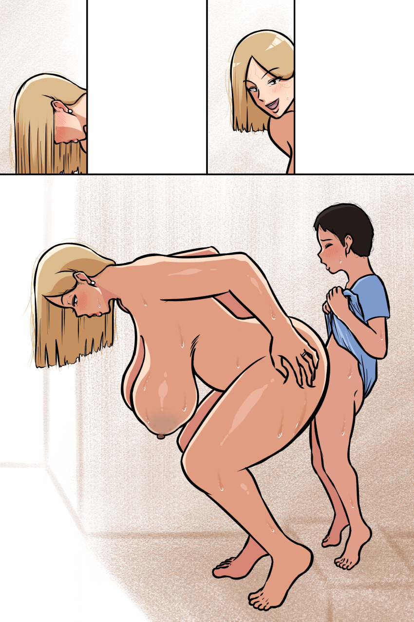 1boy 1girl absurdres age_difference breasts cleavage highres huge_breasts large_breasts leeoekaki shota vaginal