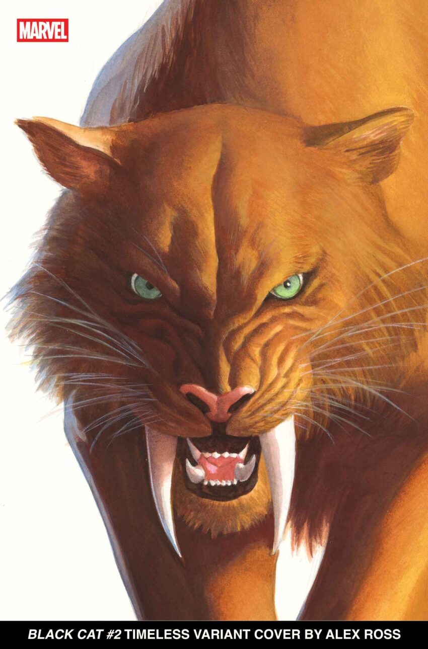 alex_ross animal_focus artist_name character_request comic_cover company_name copyright_name cover cover_page english_text green_eyes highres looking_at_viewer marvel no_humans official_art open_mouth orange_fur realistic sabertooth_cat sharp_teeth solo teeth third-party_source upper_body western_comics_(style) whiskers white_background