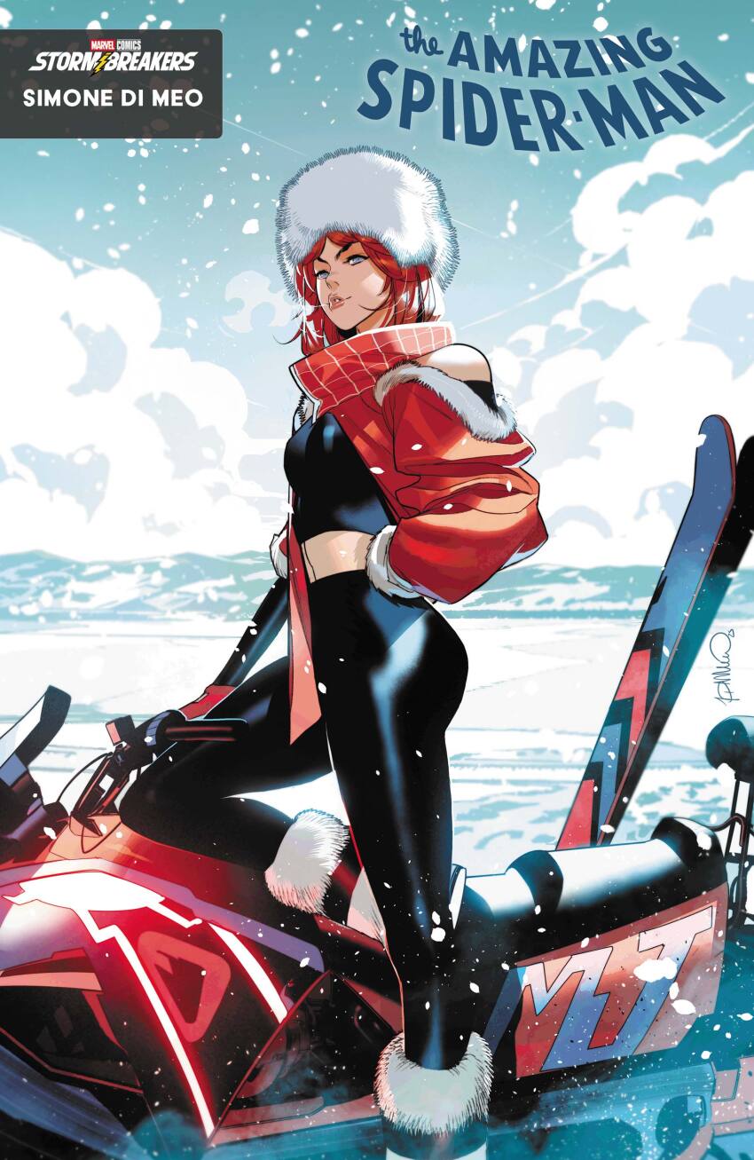 1girl absurdres artist_name black_leggings blue_eyes blue_sky boots breasts breath clothing_cutout cloud coat comic_cover copyright_logo copyright_name cover cover_page cropped_coat fur-trimmed_coat fur_boots fur_hat fur_trim gloves hand_on_own_hip hat highres leggings logo looking_at_viewer looking_to_the_side marvel mary_jane_watson medium_breasts medium_hair midriff motor_vehicle official_art parted_lips red_coat red_gloves red_hair shoulder_cutout simone_di_meo ski_gear sky snow solo spider-man_(series) spider_web_print western_comics_(style) white_boots