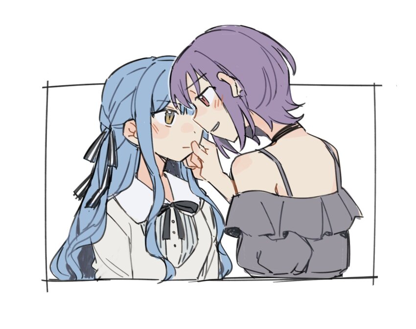 2girls bang_dream! bang_dream!_it's_mygo!!!!! black_ribbon blue_hair blush closed_mouth commentary grey_shirt hair_ribbon hand_on_another's_face hashtag-only_commentary highres jenjen long_hair multiple_girls neck_ribbon off-shoulder_shirt off_shoulder parted_lips pink_eyes purple_hair ribbon shirt simple_background smile togawa_sakiko two_side_up upper_body white_background white_shirt yellow_eyes yuri yuutenji_nyamu