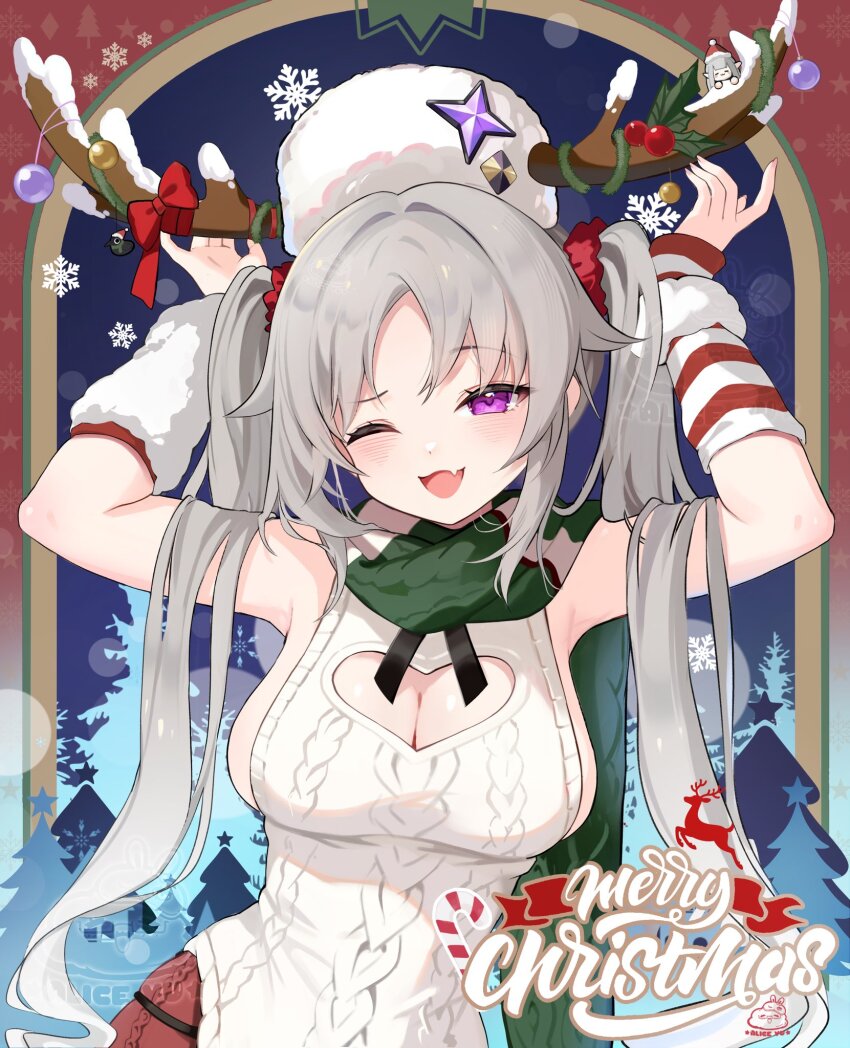 2girls ;d alice_vu breasts christmas_tree cleavage cleavage_cutout clothing_cutout commentary english_commentary fang female_tyrant_(stella_sora) fur_hat grey_hair hat highres horned_hat large_breasts laru_(snowish)_(stella_sora) laru_(stella_sora) looking_at_viewer merry_christmas multiple_girls one_eye_closed open_mouth pantyhose papakha pointy_ears purple_eyes red_pantyhose santa_hat scarf sidelocks skin_fang sleeveless smile snowflakes solo stella_sora sweater twintails twitter_username tyrant_(stella_sora) upper_body white_hat