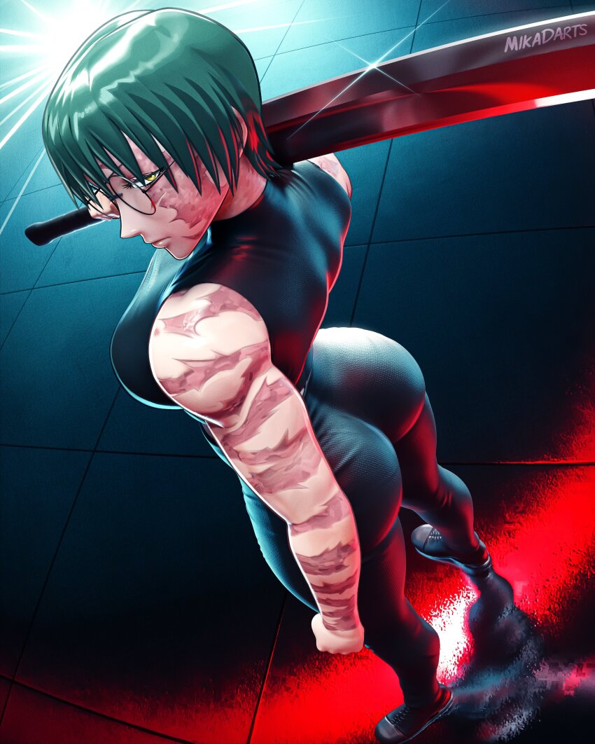 1girl absurdres ass burn_scar commentary glasses green_hair highres huge_ass jujutsu_kaisen mika_dawn multiple_scars muscular muscular_female scar scar_on_arm scar_on_face scars_all_over solo toned toned_female too_many zen'in_maki