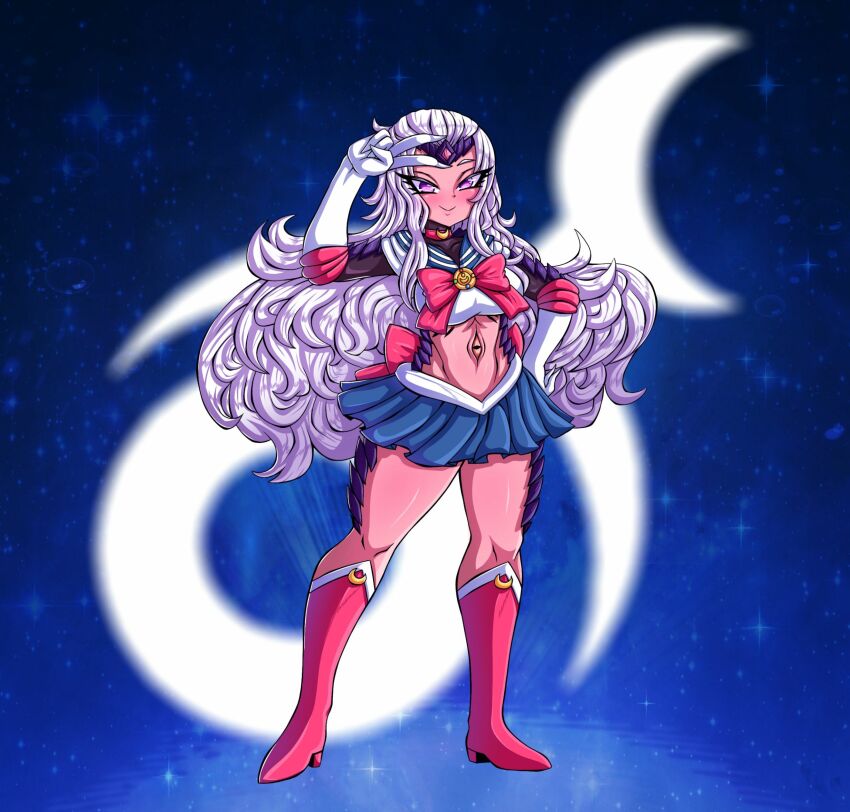 absurdres bishoujo_senshi_sailor_moon blue_background blush boots breasts choker colored_skin cosplay demon_girl elbow_gloves eye_on_belly gloves gradient_background hair_over_shoulder high_heel_boots high_heels highres izfanart knee_boots large_breasts long_boots long_glove long_hair looking_at_viewer midriff miniskirt multicolored_skin pink_eyes pink_skin purple_scales purple_skin red_boots sailor_moon sailor_moon_(cosplay) sailor_senshi_uniform scales sidelocks skirt slaanesh slaanesh_(symbol) smile star_(sky) starry_sky_background tiara two-tone_skin warhammer_40k white_gloves white_hair yellow_eyes