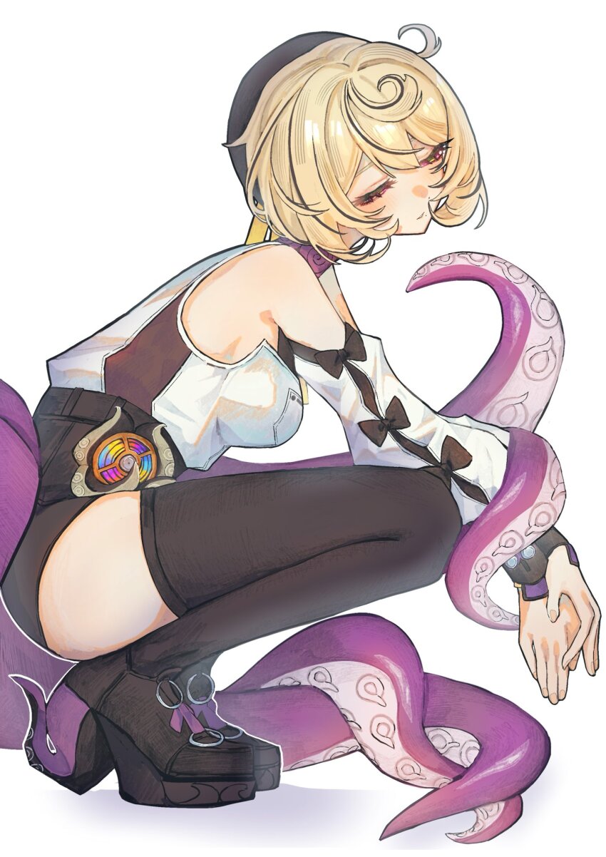 1girl bare_shoulders beret black_hat black_shoes black_shorts black_thighhighs blonde_hair breasts commentary_request cowlick czc9q2 detached_sleeves from_side half-closed_eyes hat high-waist_shorts highres large_breasts mole mole_under_mouth own_hands_together parted_lips purple_eyes shirt shoes short_hair shorts simple_background solo squatting suction_cups tentacle_girl tentacle_tail tentacles thighhighs white_background white_shirt yidhari_murphy zenless_zone_zero