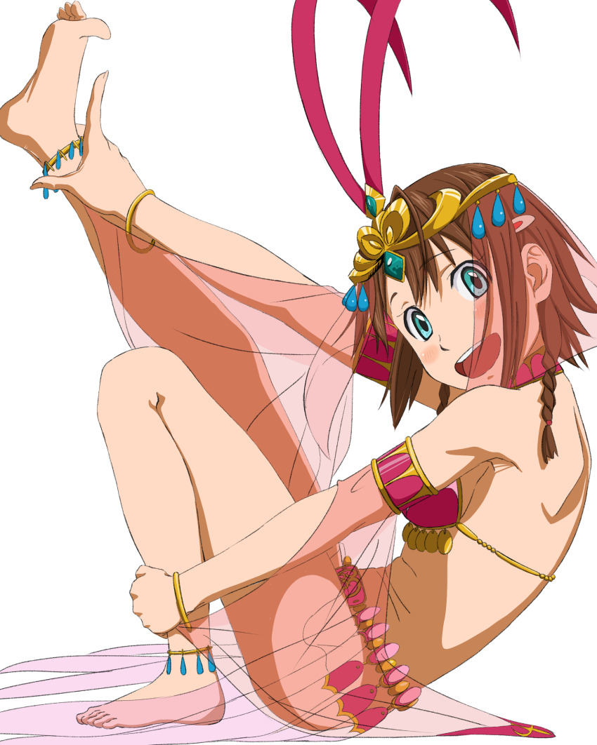 1girl :d amy_(suisei_no_gargantia) anklet aqua_eyes armlet barefoot bracelet breasts brown_hair circlet commentary_request dancer highres holding_own_leg jewelry leg_up medium_breasts nogaku official_alternate_costume open_mouth see-through_clothes short_hair sitting smile solo suisei_no_gargantia veil white_background