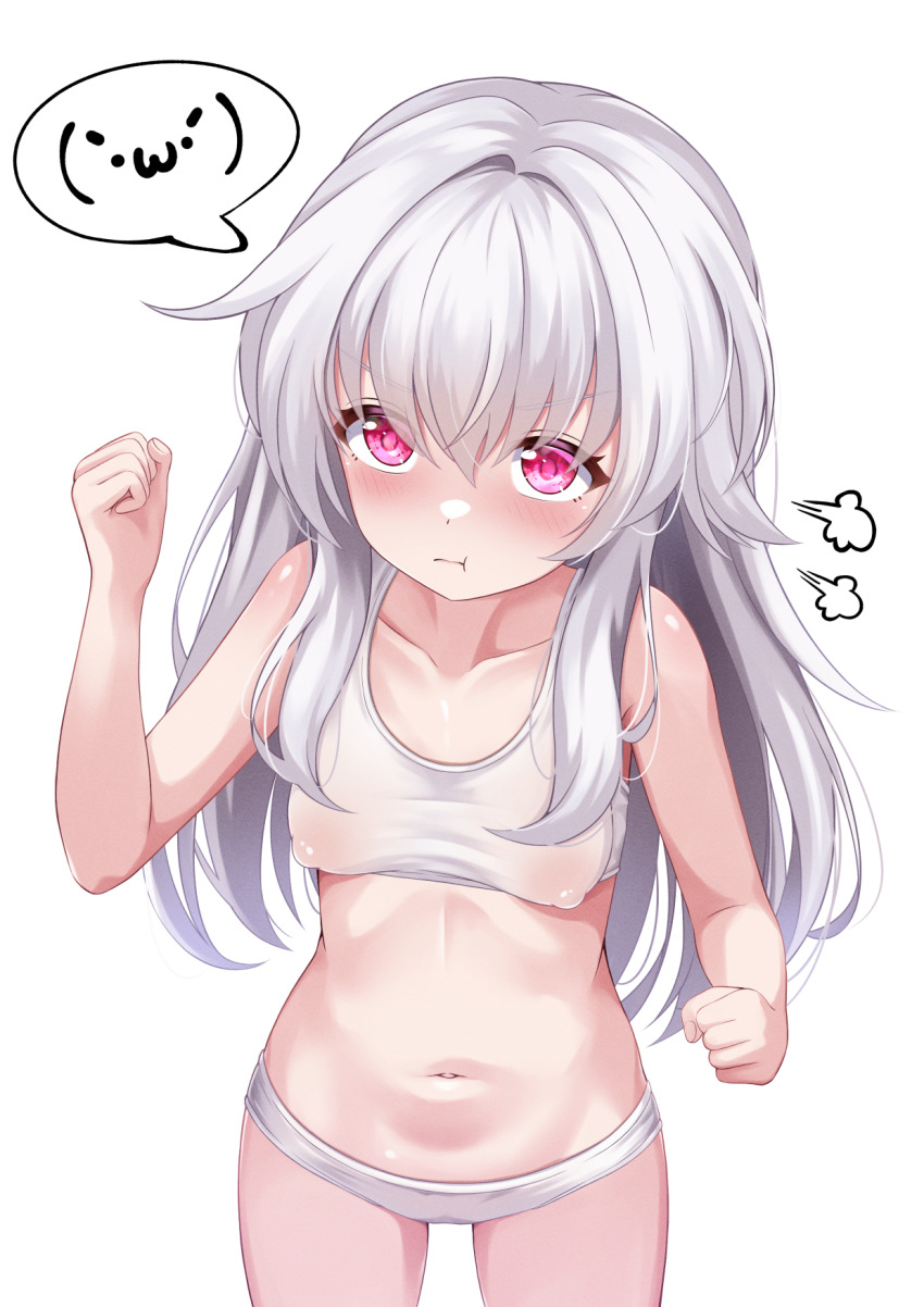 1girl blush bra chi_xiao clara_(honkai:_star_rail) dress emoticon grey_hair highres honkai:_star_rail honkai_(series) long_hair long_sleeves looking_at_viewer navel panties pink_eyes simple_background solo underwear white_background white_dress