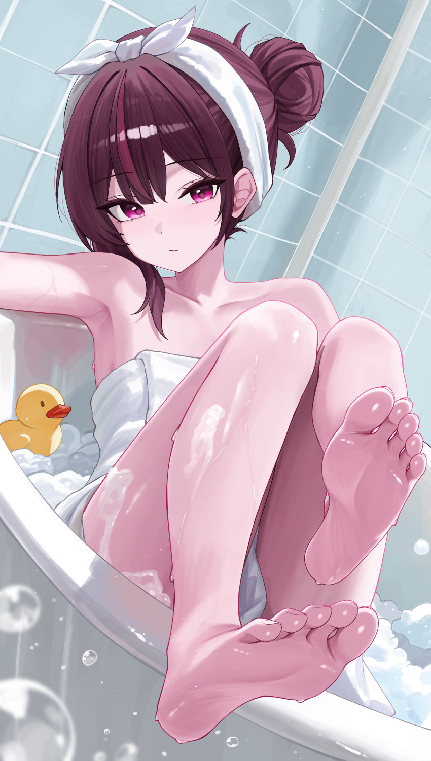1girl absurdres armpits bare_legs bare_shoulders barefoot bathtub closed_mouth collarbone commentary_request expressionless feet hair_bun highres jururu legs_up long_hair looking_at_viewer naked_towel purple_eyes purple_hair rubber_duck sei_(0724sei6) soap_bubbles soles solo toes towel virtual_youtuber waktaverse wet