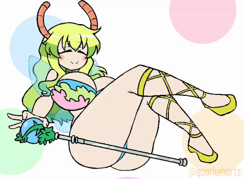 1girl animated animated_gif bare_shoulders blush_stickers boots bra breasts brown_horns cleavage closed_eyes closed_mouth dragon_horns fairy_wings floating_hair green_hair horns huge_breasts jaggy_lines kobayashi-san_chi_no_maidragon long_hair lucoa_(maidragon) multicolored_bra panties quarium smile solo staff underwear watermark wings yellow_boots