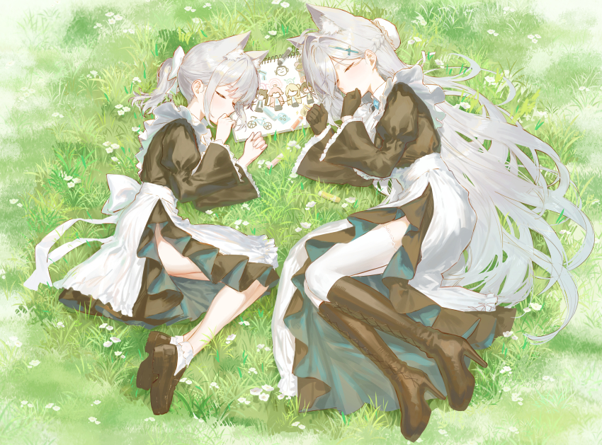 2girls absurdres alternate_costume animal_ear_fluff animal_ears apron ayane_(blue_archive) black_boots black_gloves black_shoes blue_archive boots bow braid bun_cover closed_eyes commentary_request covering_own_mouth drawing_(object) eshineko gloves grey_hair hair_bow hair_bun half_up_braid hand_over_own_mouth high_heel_boots high_heels highres hoshino_(blue_archive) knee_boots long_hair lying maid maid_apron mixed-language_commentary multilingual_commentary multiple_girls nonomi_(blue_archive) on_grass on_side ponytail serika_(blue_archive) shiroko_(blue_archive) shiroko_terror_(blue_archive) shoes sleeping socks thighhighs white_bow white_socks white_thighhighs wolf_ears wolf_girl