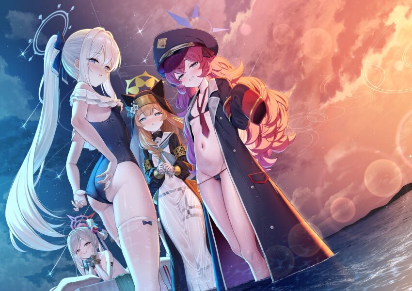 4girls adjusting_clothes adjusting_swimsuit animal_ear_headwear armband ass bikini bikini_under_clothes black_bikini black_hat black_veil blue_archive blue_eyes blue_halo blue_one-piece_swimsuit blush breasts cameltoe commentary_request covered_erect_nipples cowboy_shot dutch_angle fake_animal_ears fluffy_hair frilled_one-piece_swimsuit frills gehenna_academy_logo grey_eyes hair_between_eyes halo hat heavy_lens_flare iroha_(blue_archive) jacket lens_flare long_hair long_sleeves looking_at_viewer mari_(blue_archive) matanonki miyako_(blue_archive) miyako_(swimsuit)_(blue_archive) multiple_girls mutsuki_(blue_archive) mutsuki_(dress)_(blue_archive) navel necktie nun off-shoulder_one-piece_swimsuit off_shoulder official_alternate_costume one-piece_swimsuit orange_hair pandemonium_society_(blue_archive) peaked_cap ponytail purple_eyes purple_halo red_armband red_hair red_necktie shooting_star small_breasts smile sparkle swimsuit swimsuit_under_clothes twilight veil wading white_hair yellow_halo