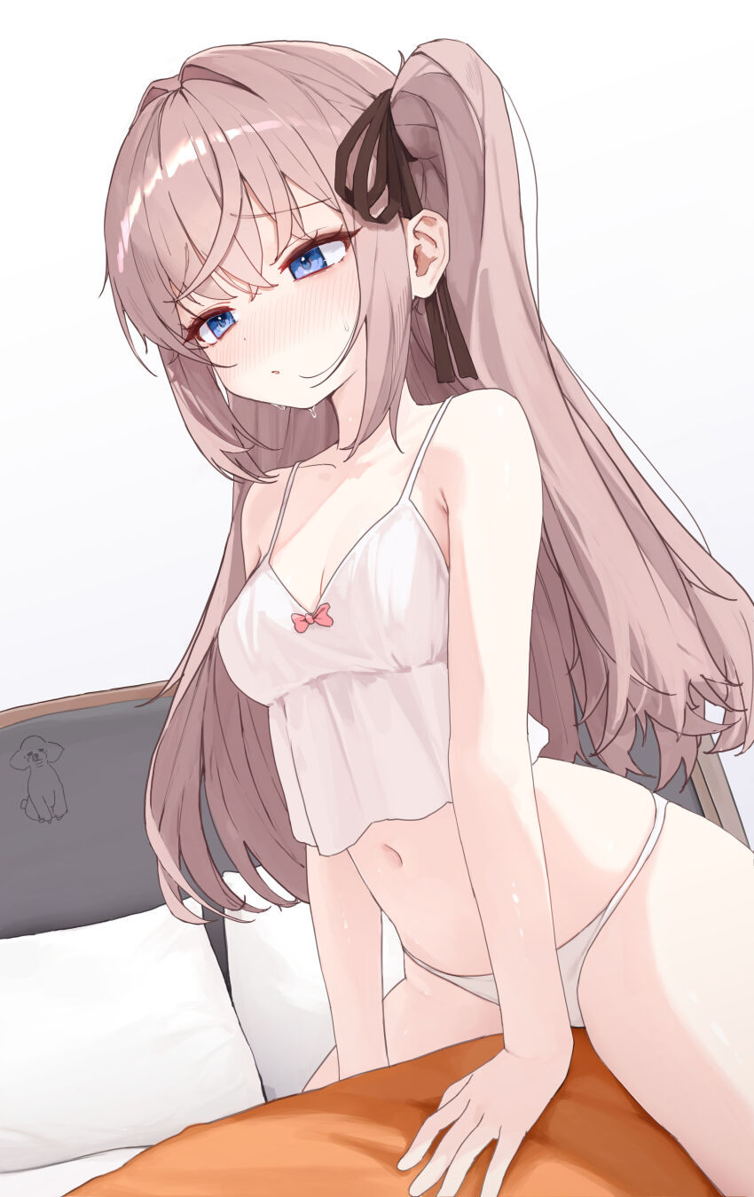 1girl absurdres auuufox babydoll blue_eyes blush bow breasts brown_hair cleavage closed_mouth collarbone cowboy_shot hair_bow hair_ribbon highres long_hair navel on_bed original panties pillow ribbon side_ponytail small_breasts solo straddling underwear upright_straddle white_babydoll white_panties