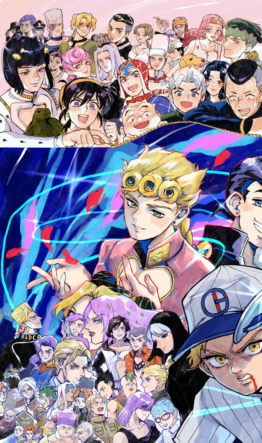 6+boys 6+girls absurdres akemi_(jojo) animal arnold_(jojo) asakeno baby bandana bandana_around_neck baseball_cap beard black_hair black_sclera blonde_hair blood blood_from_mouth blue_eyes blue_hair bob_cut braid brown_hair bruno_bucciarati buzz_cut carne_(jojo) chef_hat cioccolata clenched_teeth coco_jumbo colored_sclera commentary_request dark-skinned_male dark_skin diamond_wa_kudakenai diavolo dog domino_mask donatella_una double_bun earrings emporio_alnino eye_mask facial_hair falling_petals flattop formaggio frog fungami_yuya gelato_(jojo) ghiaccio giorno_giovanna glasses green_eyes green_hair grey_hair grin guido_mista hair_bun hair_ornament hairband hand_on_headwear hand_on_own_chest hat hat_tip headband higashikata_josuke highres hirose_koichi holding holding_animal illuso jacket jean_pierre_polnareff jester_cap jewelry jojo_no_kimyou_na_bouken joseph_joestar joseph_joestar_(old) kawajiri_kosaku kinoto_masazo kira_yoshihiro kira_yoshikage kishibe_rohan kuujou_jolyne kuujou_joutarou leone_abbacchio lipstick long_hair long_sleeves low_ponytail luca_(jojo) makeup mario_zucchero mask melone miyamoto_terunosuke mouse_(animal) multicolored_hair multiple_boys multiple_girls narancia_ghirga nijimura's_father nijimura_keicho nijimura_okuyasu old old_man open_clothes open_jacket open_mouth orange_hair otoishi_akira oyanagi_ken pannacotta_fugo parted_bangs pericolo pesci petals pink_hair police police_uniform polpo ponytail prosciutto_(jojo) purple_eyes purple_lips quad_tails red-tinted_eyewear red_eyes reiko_(jojo) risotto_nero sale_(jojo) scar scar_across_eye scar_on_face scolippi secco shirt shizuka_joestar short_hair sleeveless sleeveless_shirt smile sorbet_(jojo) sparkle spotted_hair squalo sticky_fingers_(stand) stone_ocean stud_earrings sugimoto_reimi teeth tinted_eyewear tiziano tonio_trussardi toque_blanche trish_una tsuji_aya turtle undercut vento_aureo very_short_hair vinegar_doppio white_hair yamagishi_yukako yangu_shigekiyo yellow_eyes yoshie_(jojo) zipper