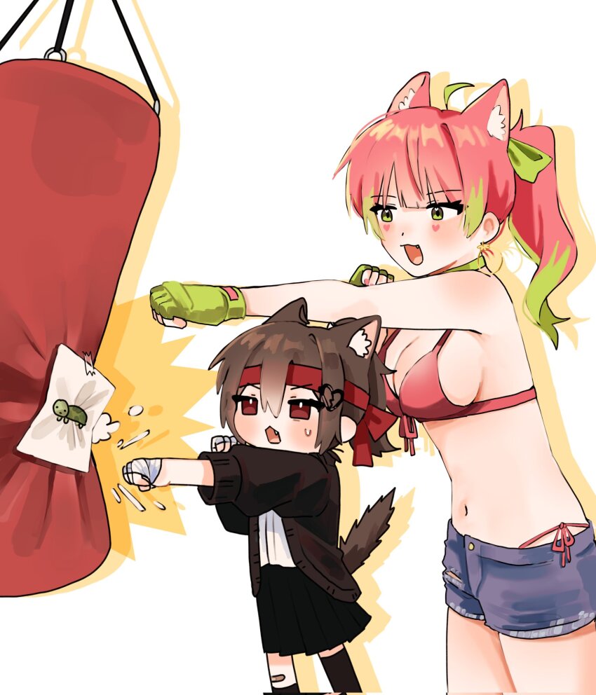 2girls animal_ears asymmetrical_legwear bikini black_cardigan black_skirt black_socks black_thighhighs bow breasts broken_heart broken_heart_hair_ornament brown_hair cardigan cat_ears cat_girl cat_tail commentary commission cowboy_shot english_commentary evil_neuro-sama facial_mark fang from_side gloves green_bow green_eyes green_gloves green_hair hair_between_eyes hair_bow heart heart_facial_mark highres long_hair long_sleeves medium_breasts multicolored_hair multiple_girls navel neuro-sama open_mouth owo_uou pink_bikini pink_hair ponytail punching punching_bag red_eyes shirt shorts simple_background skirt slice_of_toma socks swimsuit tail thighhighs two-tone_hair uneven_legwear vedal987 vedal_ai virtual_youtuber white_background white_gloves white_shirt white_shorts