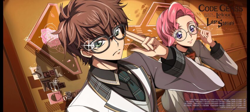 1boy 1girl adjusting_eyewear arrow_(symbol) black-framed_eyewear black_shirt blue_eyes bow bowtie braid brown_hair buttons closed_mouth code_geass code_geass:_lost_stories collared_shirt commentary commentary_request dutch_angle english_commentary english_text euphemia_li_britannia f4samurai game_cg glasses glint green_eyes green_necktie hair_over_shoulder hand_up happy highres indoors jacket kururugi_suzaku layered_sleeves leaning_forward long_hair long_sleeves looking_at_viewer necktie official_art orange_background pink_hair plaid_bow plaid_bowtie plaid_clothes plaid_necktie pleated_skirt pose_imitation red_bow red_bowtie red_skirt round_eyewear school_uniform serious shirt short_hair sidelocks single_braid skirt smile standing upper_body white-framed_eyewear white_jacket