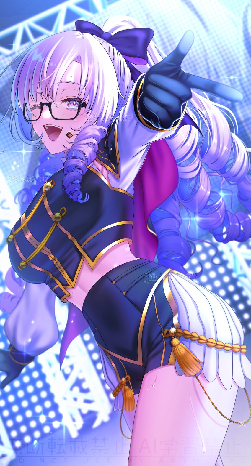 1girl absurdres black_gloves black_skirt black_vest breasts commentary_request cowboy_shot drill_hair glasses gloves highres hyakumantenbara_salome idol kisiti_07 large_breasts miniskirt nijisanji nijisanji_idol_uniform one_eye_closed open_mouth pleated_skirt purple_eyes purple_hair shirt skirt solo stage vest virtual_youtuber watermark white_shirt white_skirt