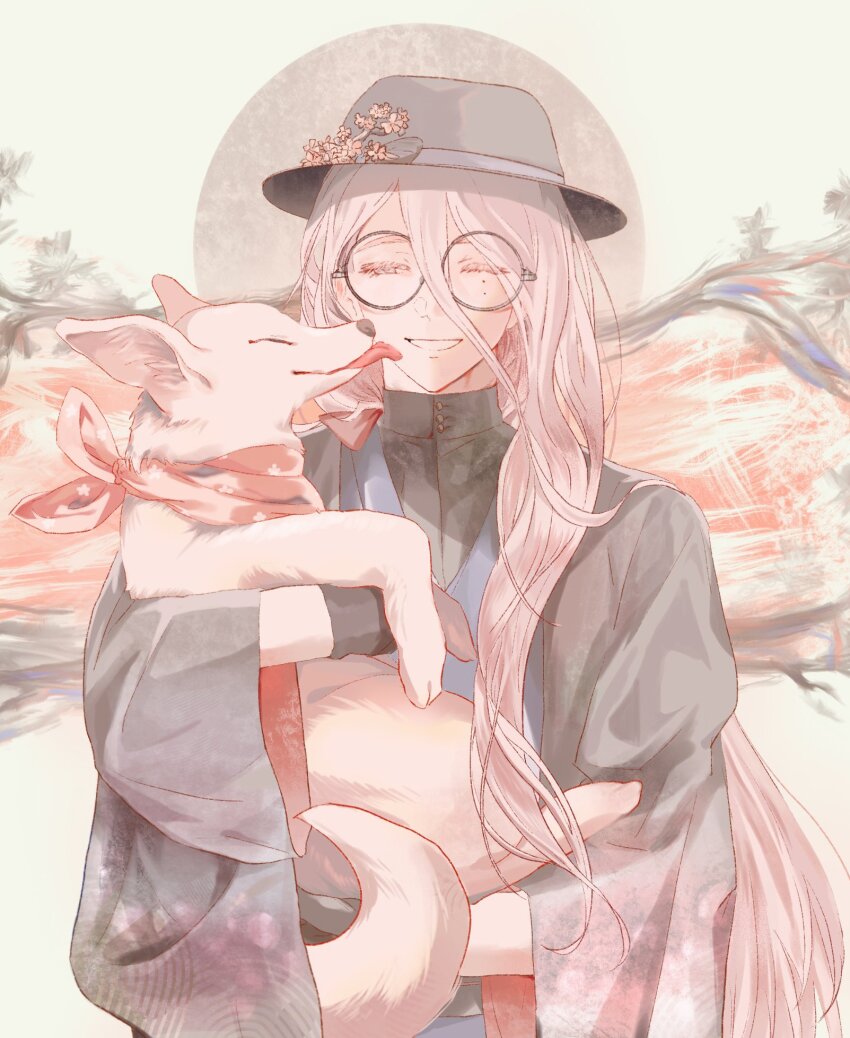 1boy ;d animal black_gloves black_hat black_jacket black_shirt blue_kimono branch carrying child_carry dog dress_shirt facing_viewer fate/grand_order fate_(series) fedora flower glasses gloves grey_eyes hair_between_eyes hair_ribbon half-closed_eyes hanasaka_no_okina_(fate) haori hat hat_flower highres holding holding_animal jacket japanese_clothes kimono licking licking_another's_face long_hair long_hair_between_eyes long_sidelocks long_sleeves looking_at_animal low_ponytail male_focus mole mole_under_eye multiple_moles one_eye_closed open_mouth pink_flower pink_hair ponytail r0_knr52 red_ribbon ribbon round_eyewear shirt shirt_under_kimono sidelocks smile solo sun upper_body white_dog