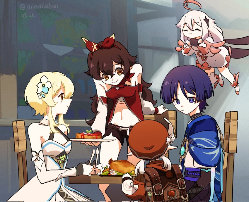 1boy 4girls ahoge amber_(genshin_impact) amber_(ludi_harpastum)_(genshin_impact) arm_cutout armpit_crease backpack bag bare_shoulders black_cape black_gloves blonde_hair blue_flower blue_trim bow_hairband breasts brown_bag brown_hair brown_shorts cape chair chicken_(food) closed_eyes closed_mouth clothing_cutout collarbone detached_sleeves dress feathers floating flower food fried_chicken gem genshin_impact gloves hair_between_eyes hair_flower hair_ornament hairband halterneck hat hat_feather highres holding holding_plate klee_(genshin_impact) levitation long_hair looking_at_another low_twintails lumine_(genshin_impact) midriff miemiebei multicolored_flower multiple_girls navel newsboy_cap outdoors paimon_(genshin_impact) partially_fingerless_gloves plate pointy_ears red_gemstone red_hairband red_hat red_sleeves romper scaramouche_(genshin_impact) scarf short_hair short_hair_with_long_locks short_shorts shorts sidelocks single_thighhigh small_breasts smile sweet_madame_(genshin_impact) table tareme thighhighs thumbs_up twintails twitter_username two-tone_sleeves vambraces vision_(genshin_impact) wanderer_(genshin_impact) wavy_hair white_dress white_feathers white_flower white_hair white_romper white_scarf white_sleeves wooden_chair wooden_table yellow_eyes